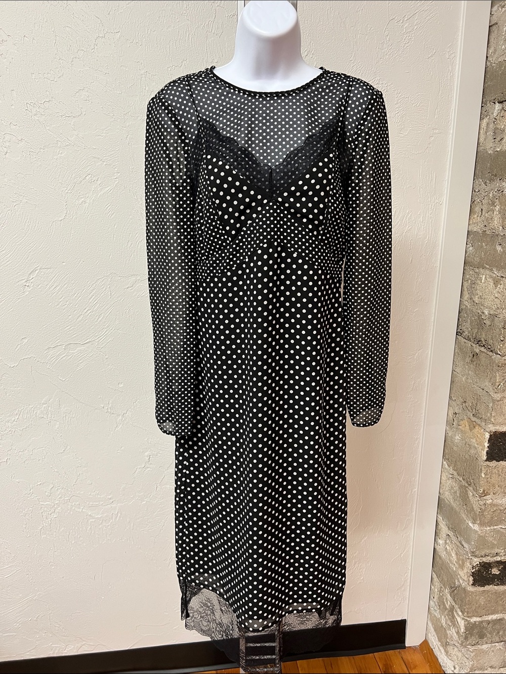 Joie Black and White Polka Dot Long Sleeve Two Layer Midi Dress Size XXS